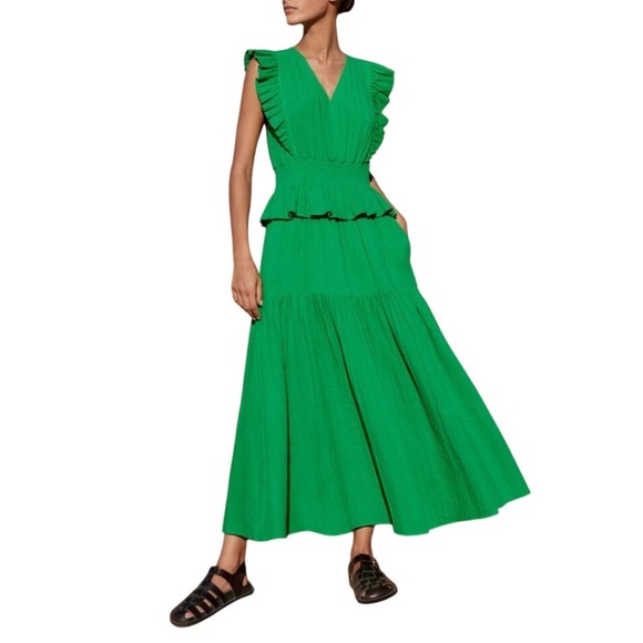 New Me + Em Dress Cheesecloth Maxi Women Size 10 Green Ruffle Sleeveless Cotton